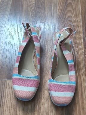 Naturalizer Striped Slingback Heels in Coral, Blue & Cream